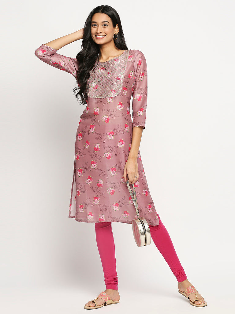 Women's Magenta Art Silk Printed Kurta