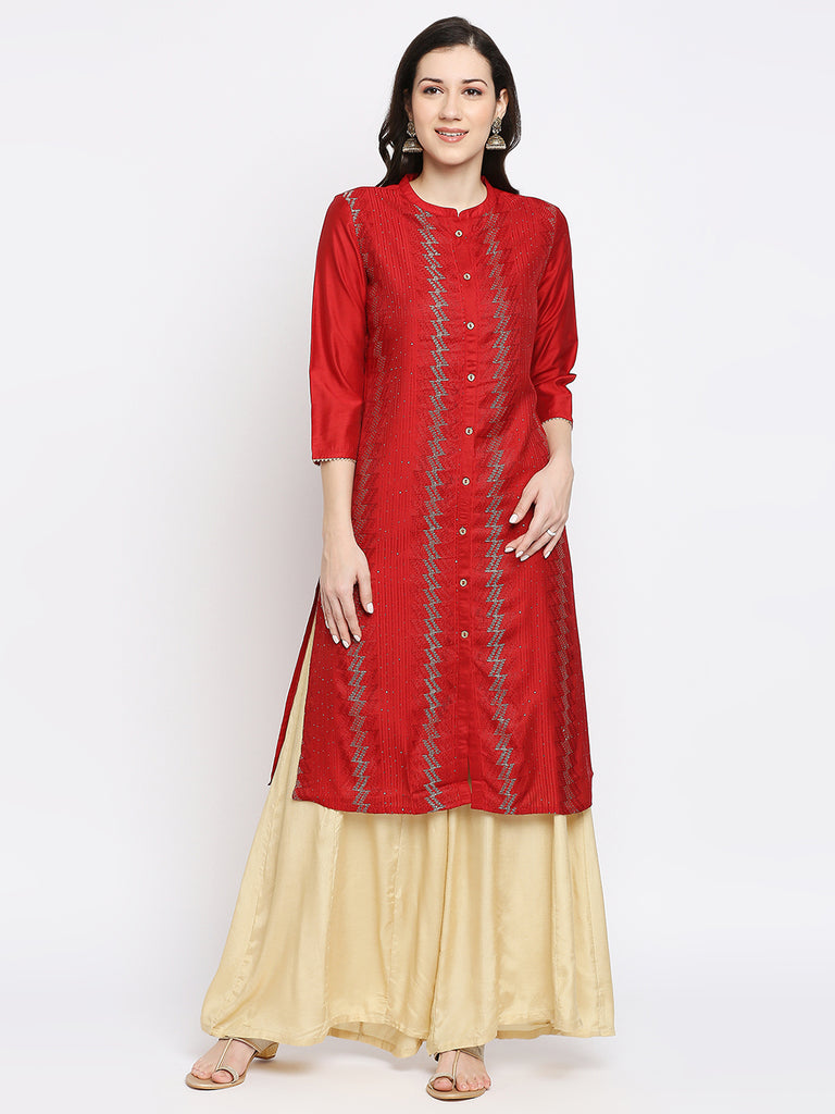 Women's Red Art Silk Embroidered Kurta
