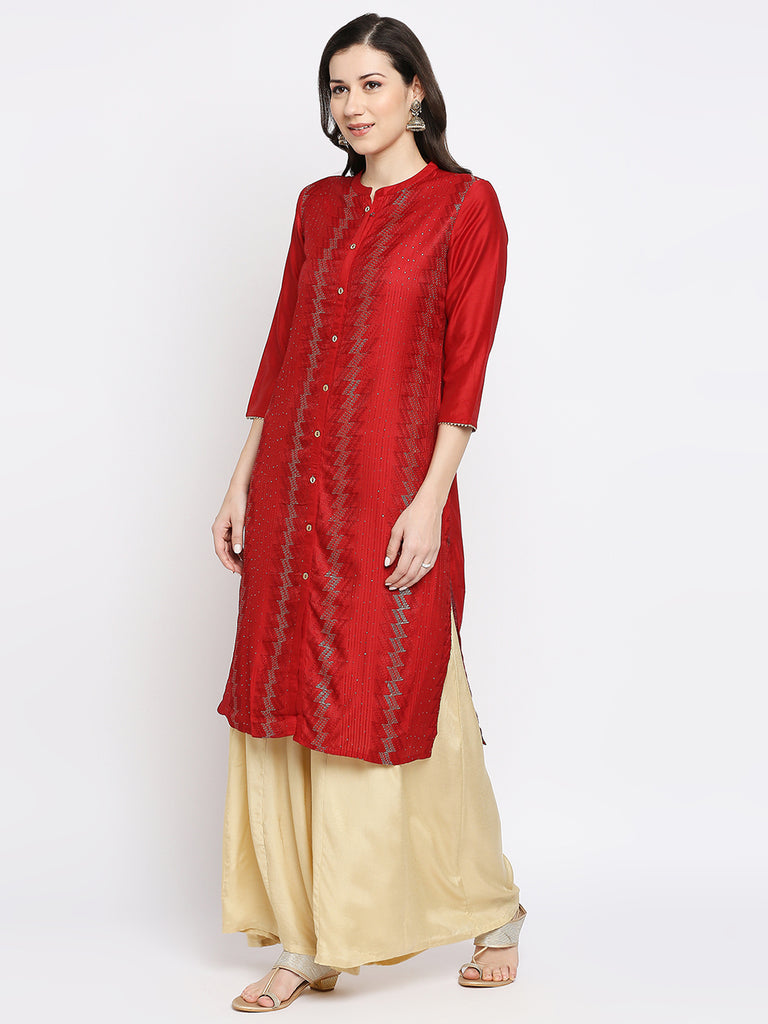 Women's Red Art Silk Embroidered Kurta