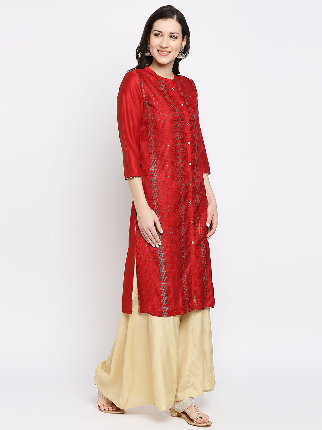 Women's Red Art Silk Embroidered Kurta