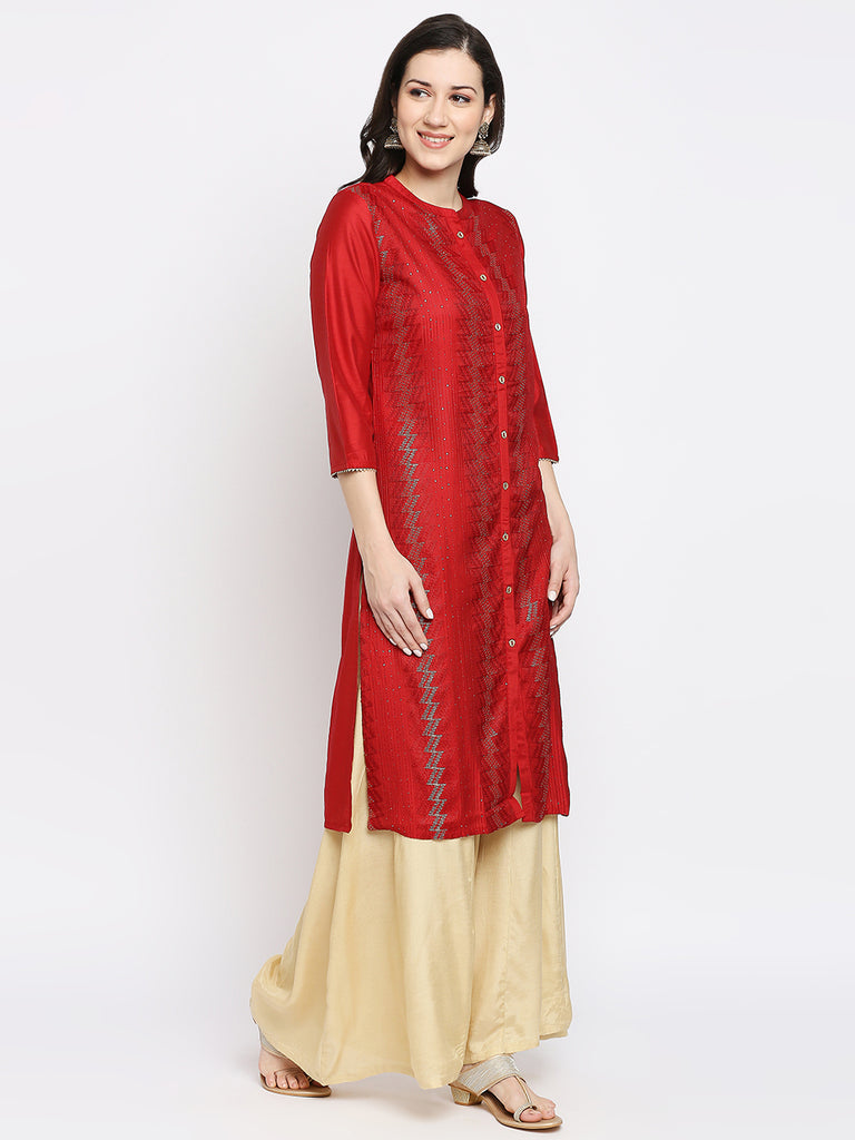 Women's Red Art Silk Embroidered Kurta