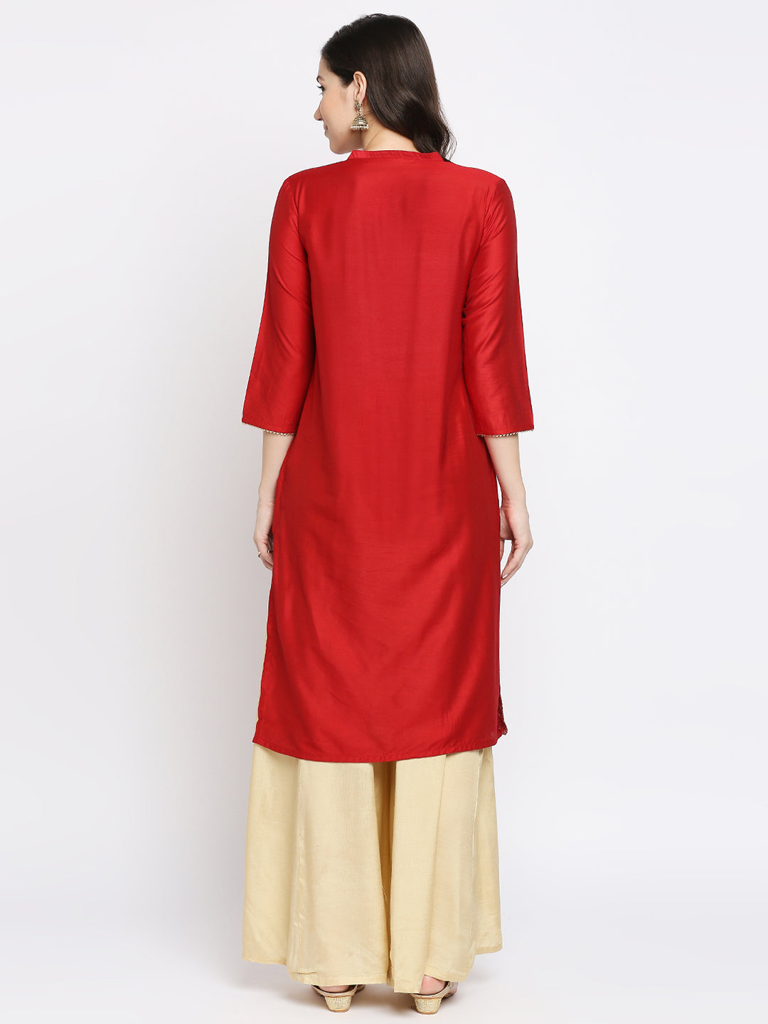 Women's Red Art Silk Embroidered Kurta