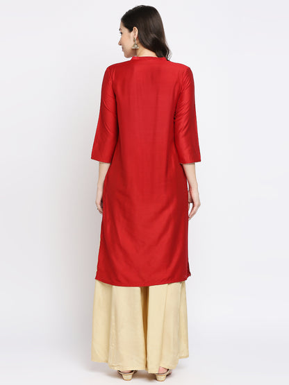 Women's Red Art Silk Embroidered Kurta
