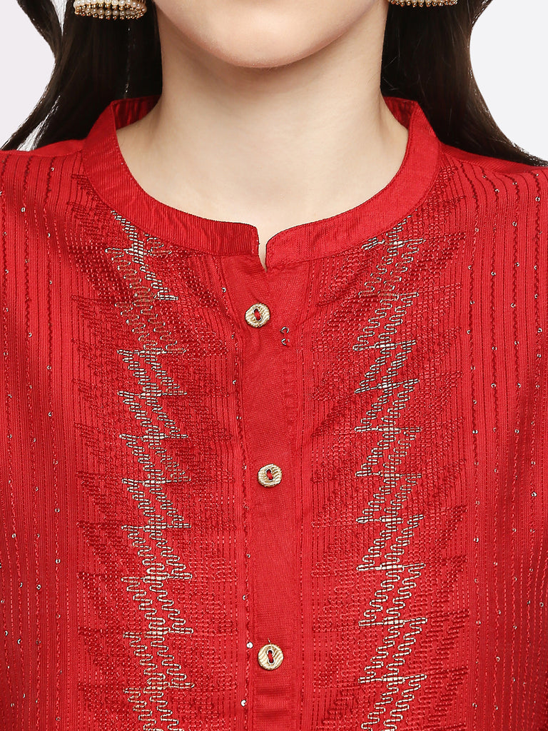 Women's Red Art Silk Embroidered Kurta