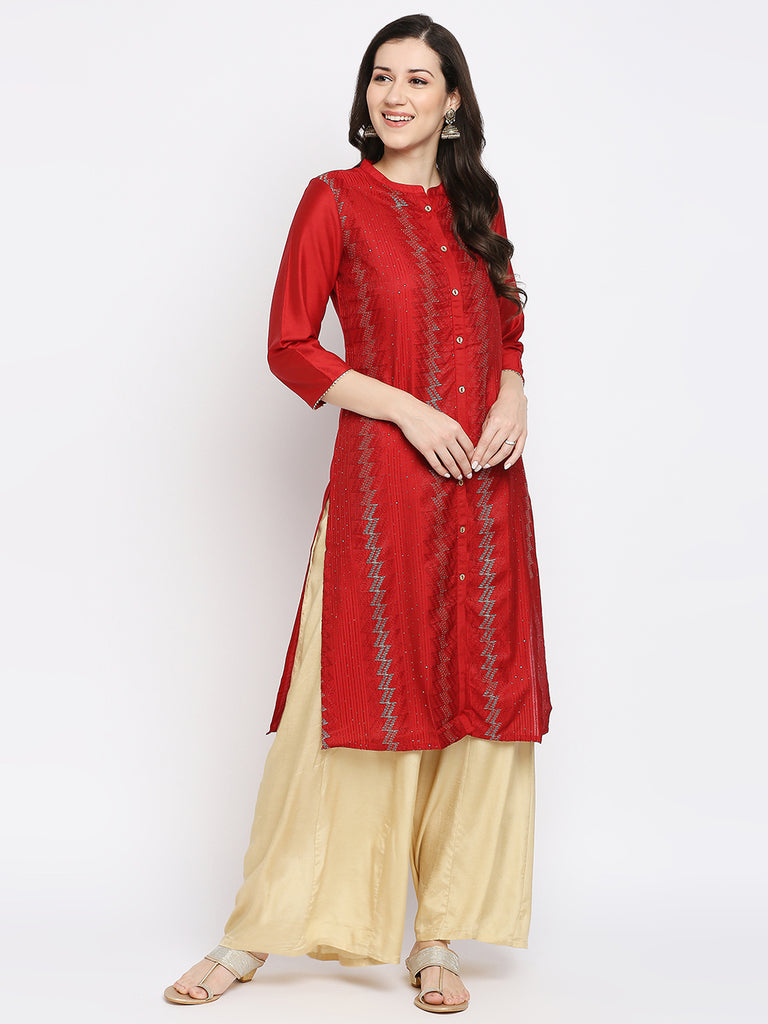 Women's Red Art Silk Embroidered Kurta