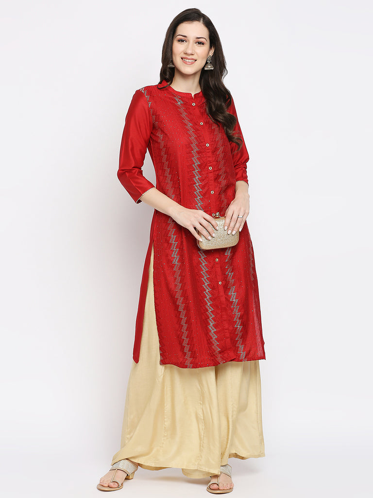Women's Red Art Silk Embroidered Kurta