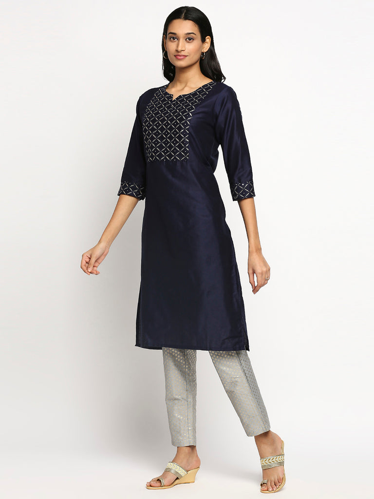 Women's Navy Art Silk Printed Kurta