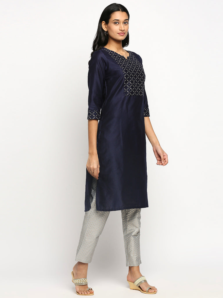 Women's Navy Art Silk Printed Kurta