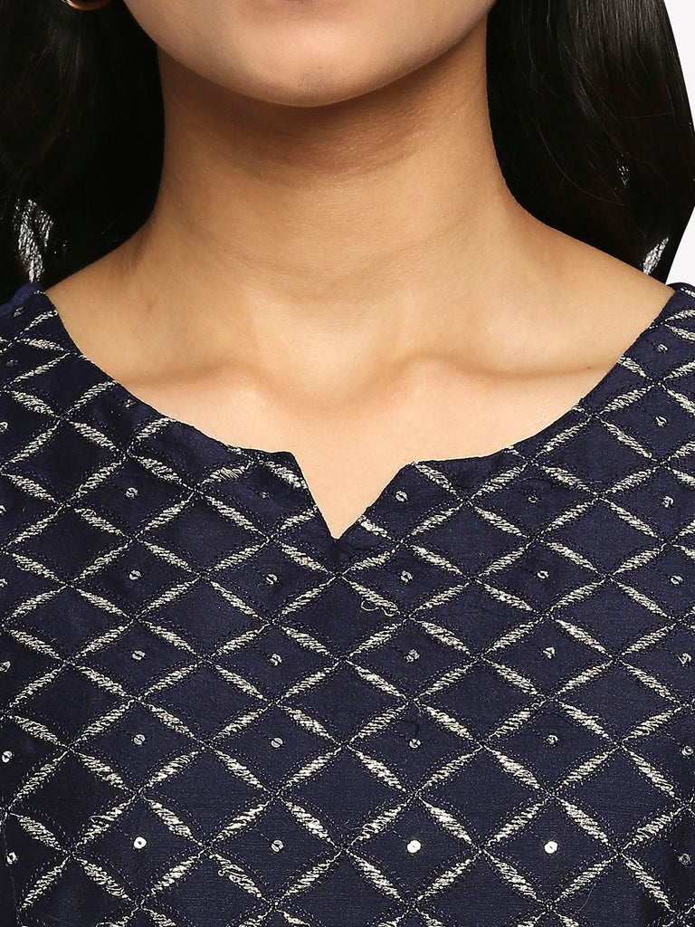 Women's Navy Art Silk Printed Kurta