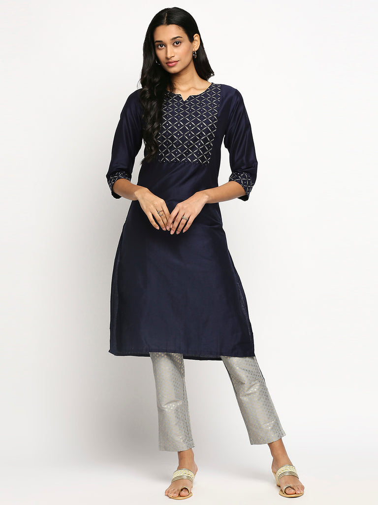 Women's Navy Art Silk Printed Kurta