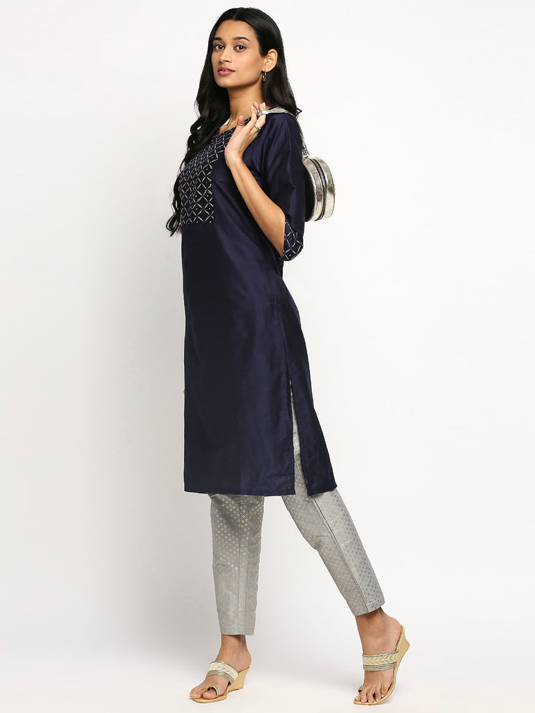 Women's Navy Art Silk Printed Kurta