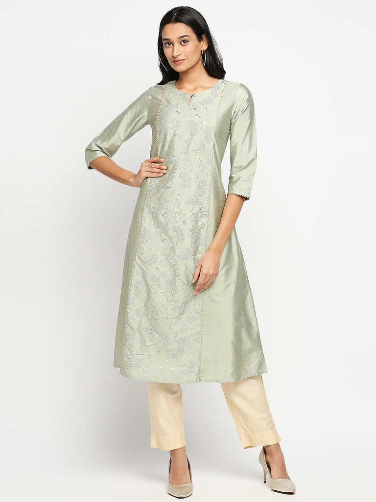 Women's Mint Art Silk Printed Kurta