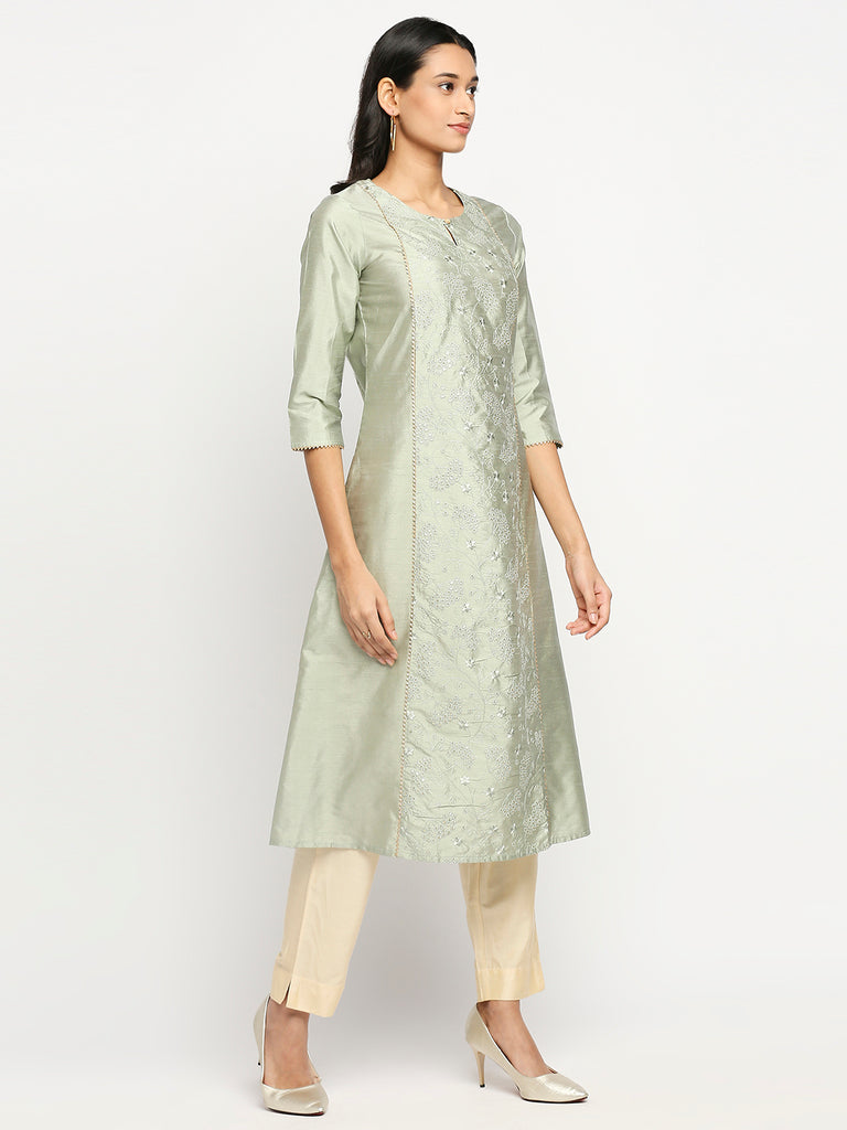 Women's Mint Art Silk Printed Kurta