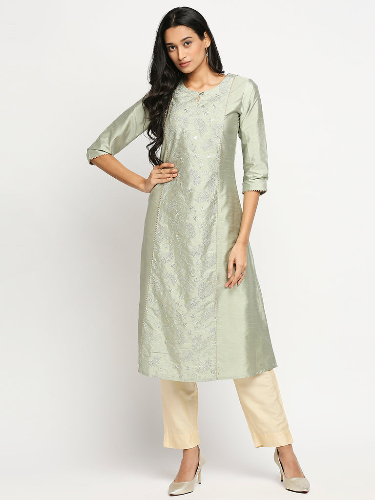 Women's Mint Art Silk Printed Kurta