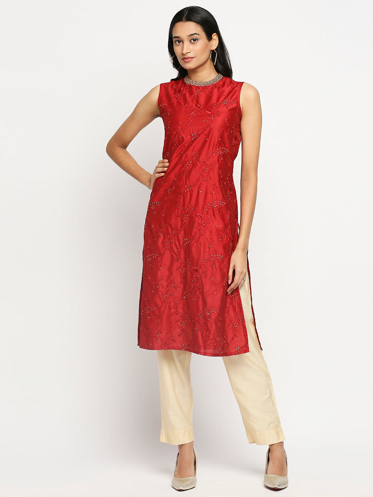 Women's Red Dupion Silk Printed Kurta