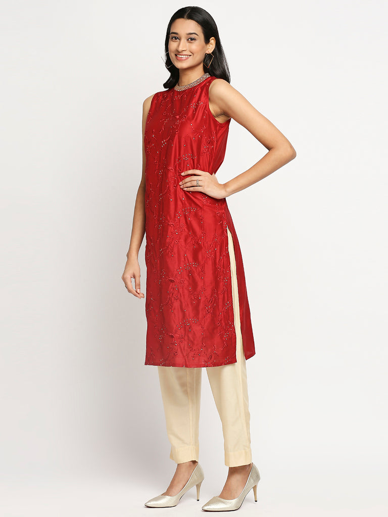 Women's Red Dupion Silk Printed Kurta