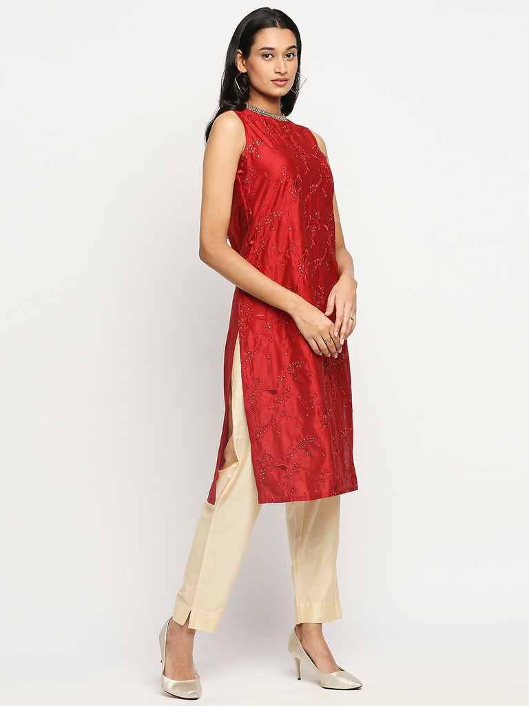 Women's Red Dupion Silk Printed Kurta