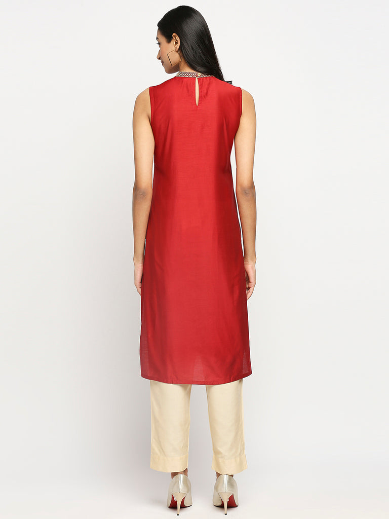 Women's Red Dupion Silk Printed Kurta