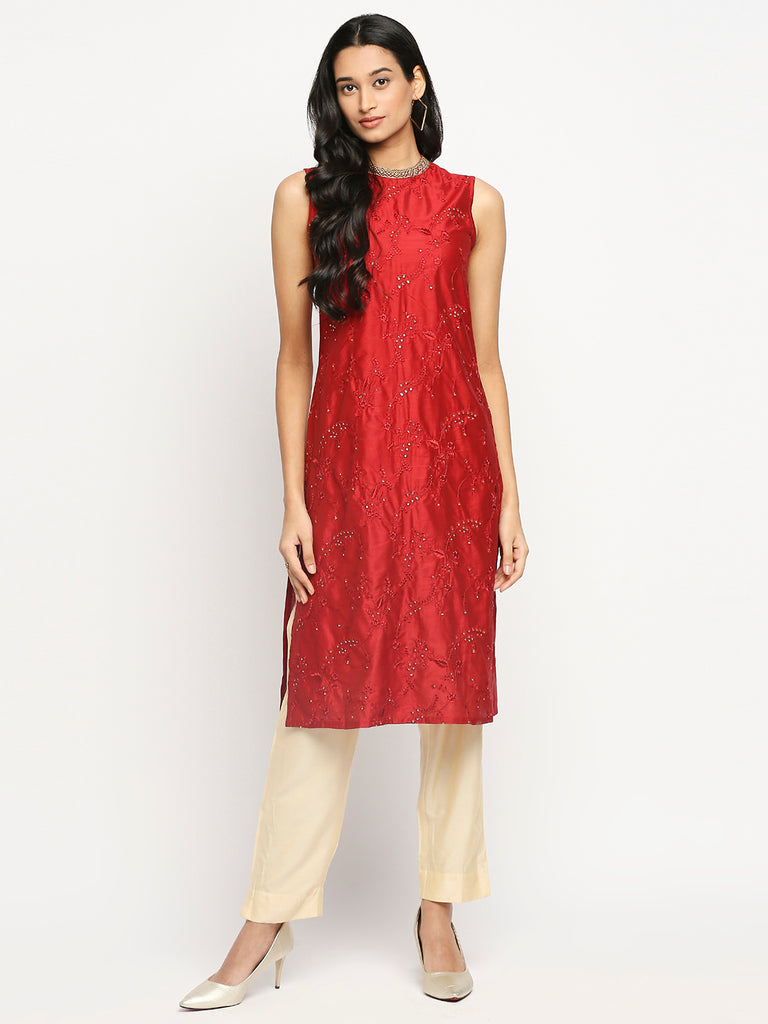 Women's Red Dupion Silk Printed Kurta