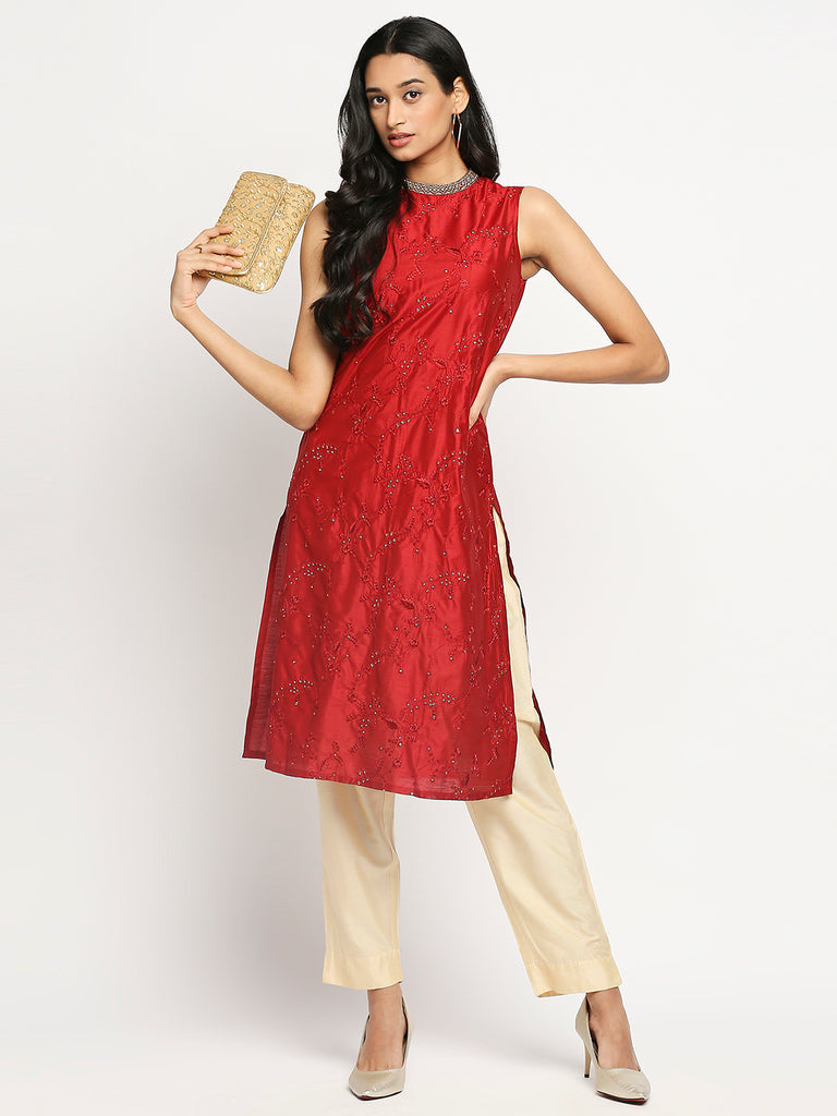 Women's Red Dupion Silk Printed Kurta