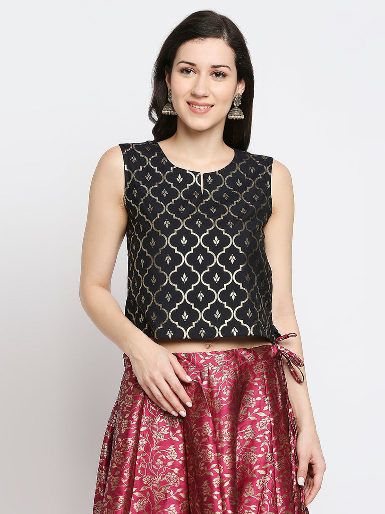 Women's Black Silk Blend Printed Top