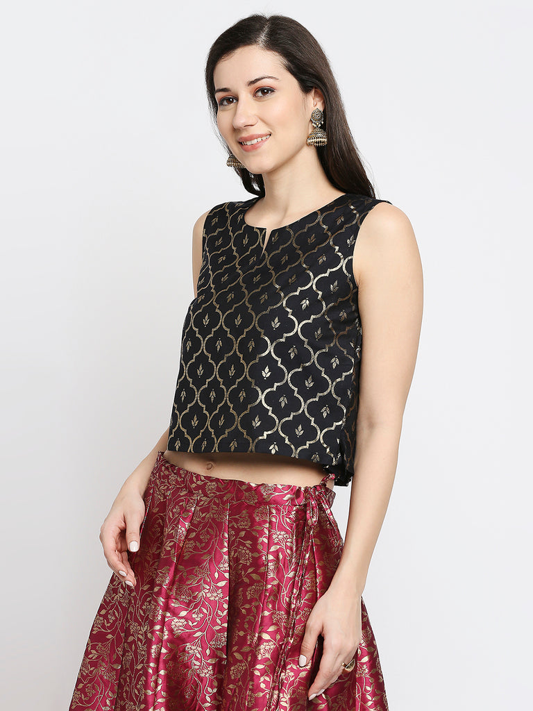 Women's Black Silk Blend Printed Top