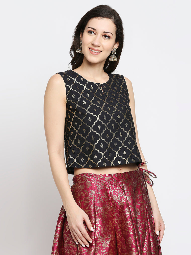 Women's Black Silk Blend Printed Top