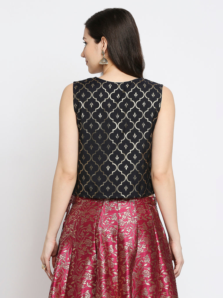 Women's Black Silk Blend Printed Top