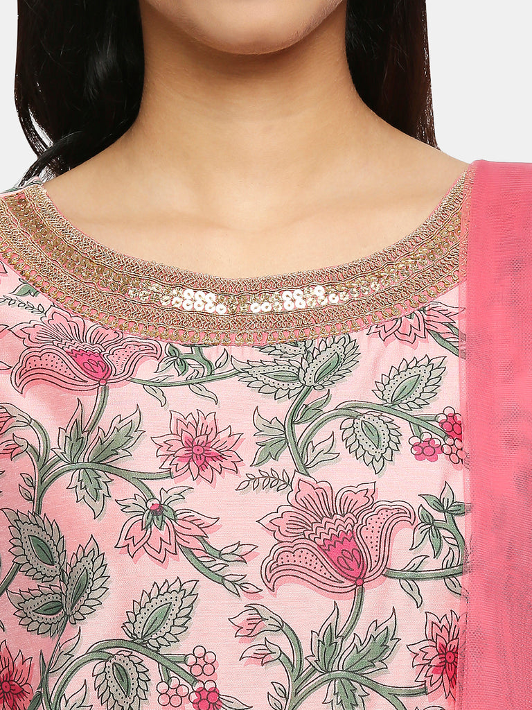 Women's Pink Dupion Silk Printed Salwar Kurta Dupatta
