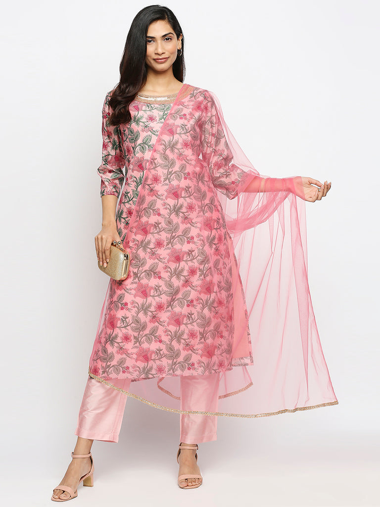 Women's Pink Dupion Silk Printed Salwar Kurta Dupatta