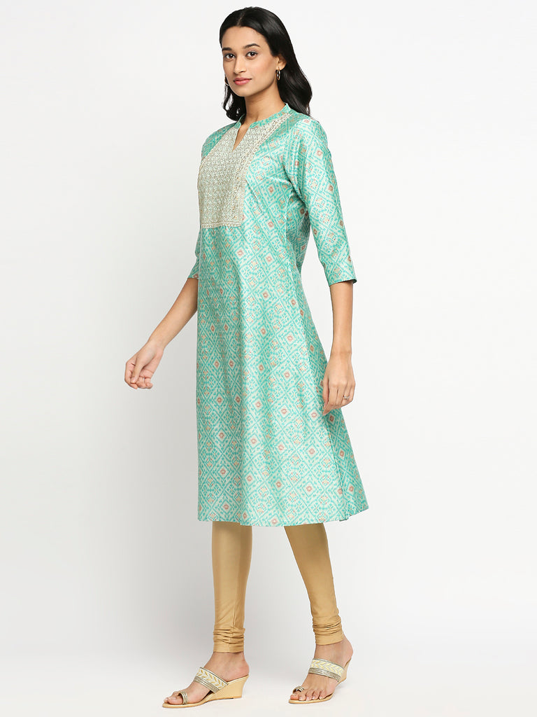 Women's Green Dupion Silk Printed Kurta