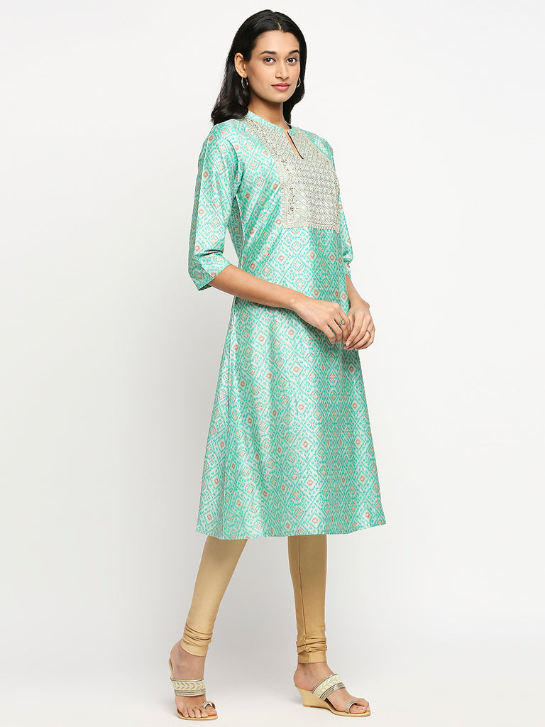 Women's Green Dupion Silk Printed Kurta