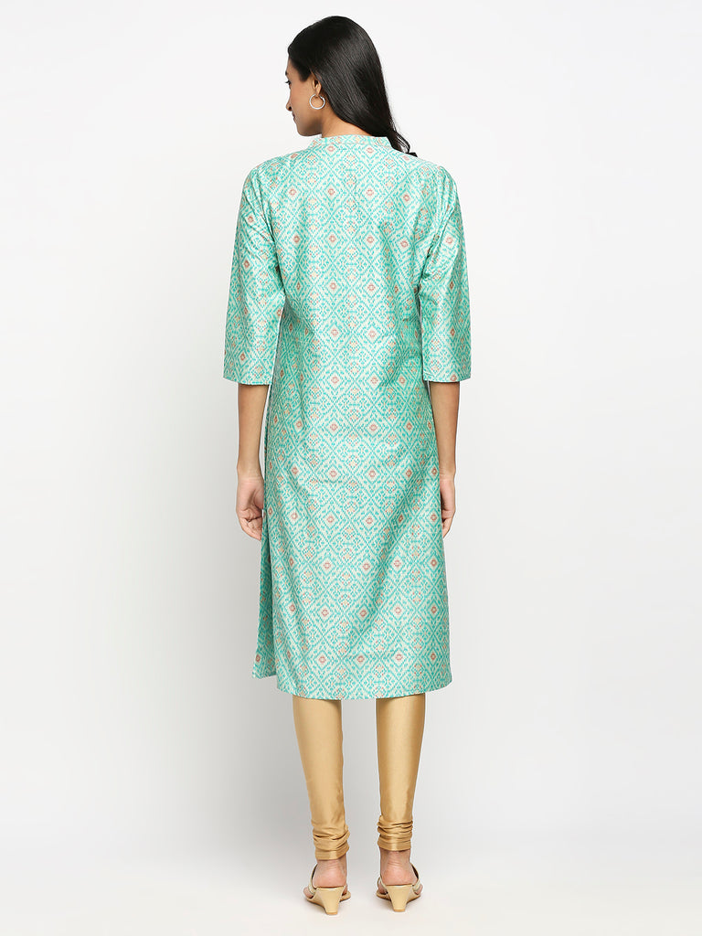 Women's Green Dupion Silk Printed Kurta