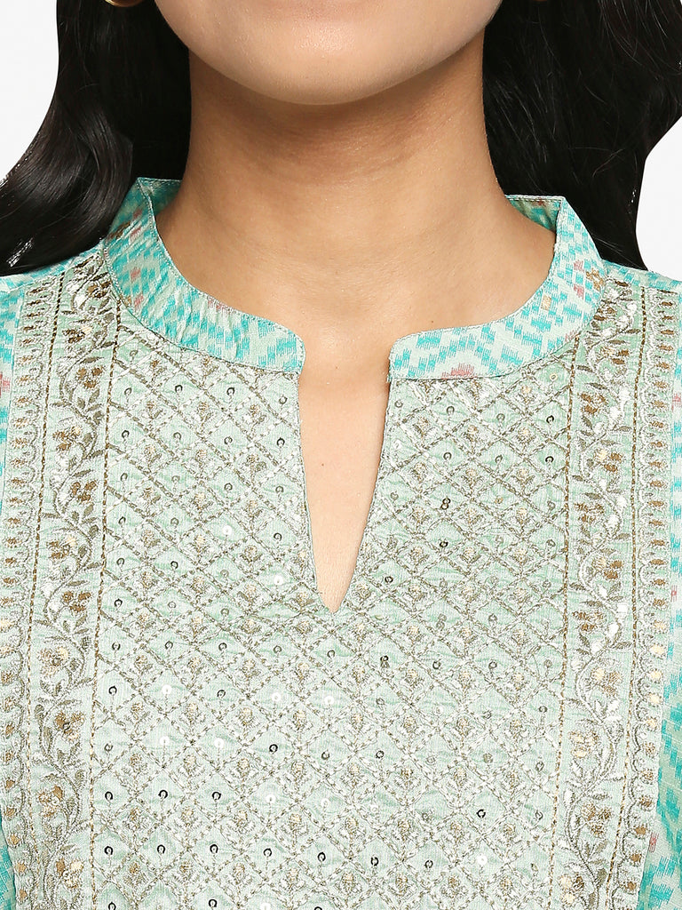 Women's Green Dupion Silk Printed Kurta