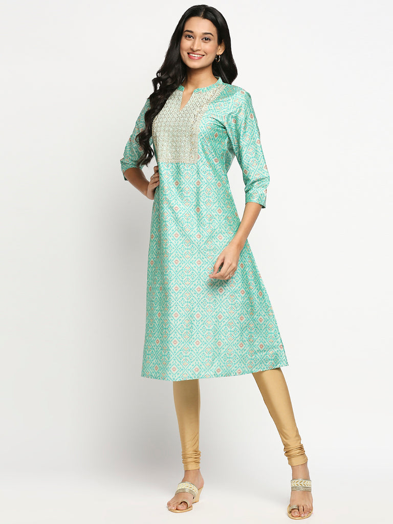 Women's Green Dupion Silk Printed Kurta