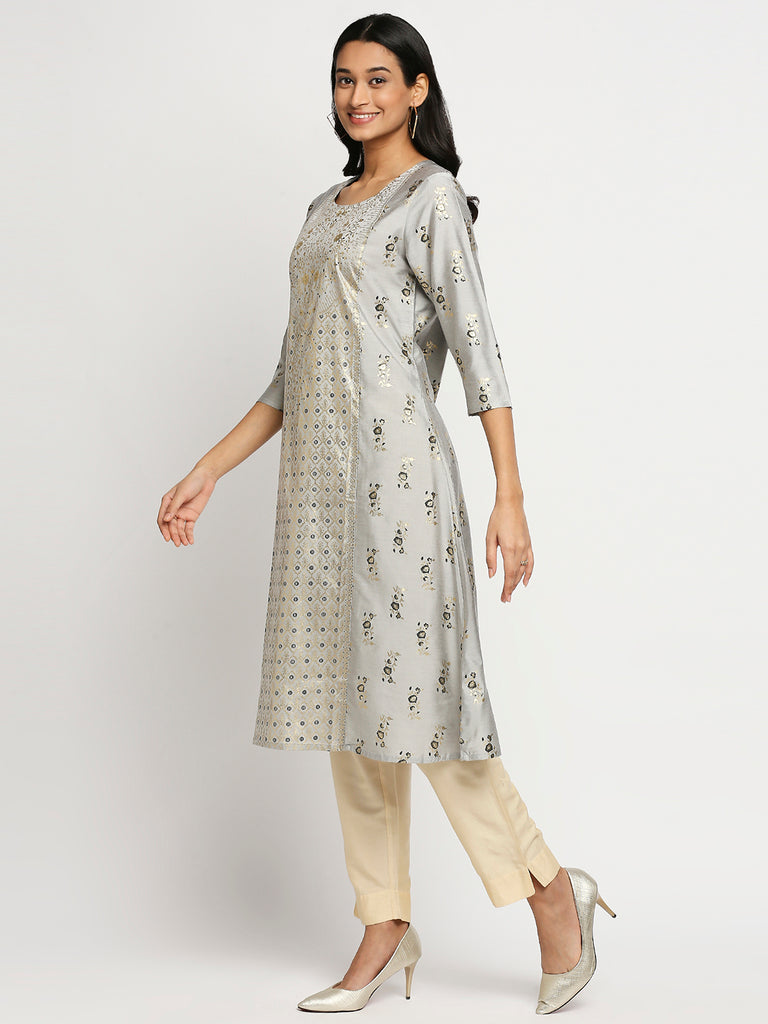Women's Grey Dupion Silk Printed Salwar Kurta Dupatta
