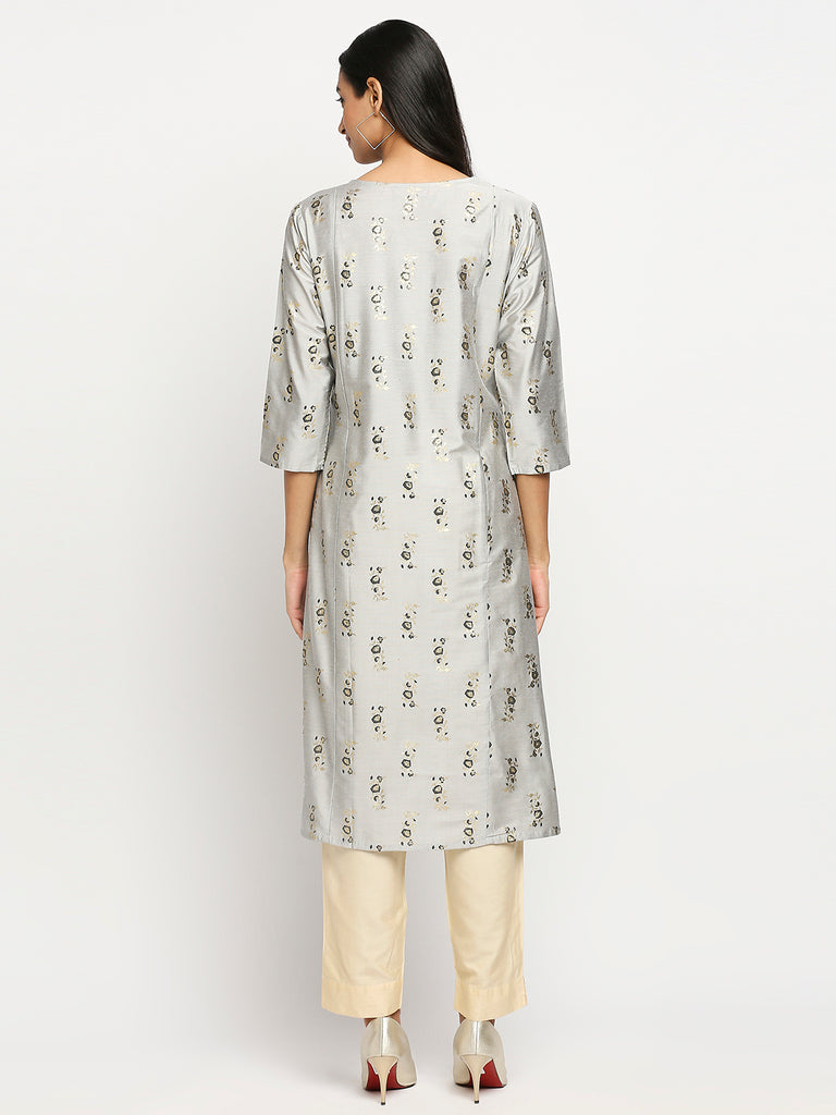 Women's Grey Dupion Silk Printed Salwar Kurta Dupatta