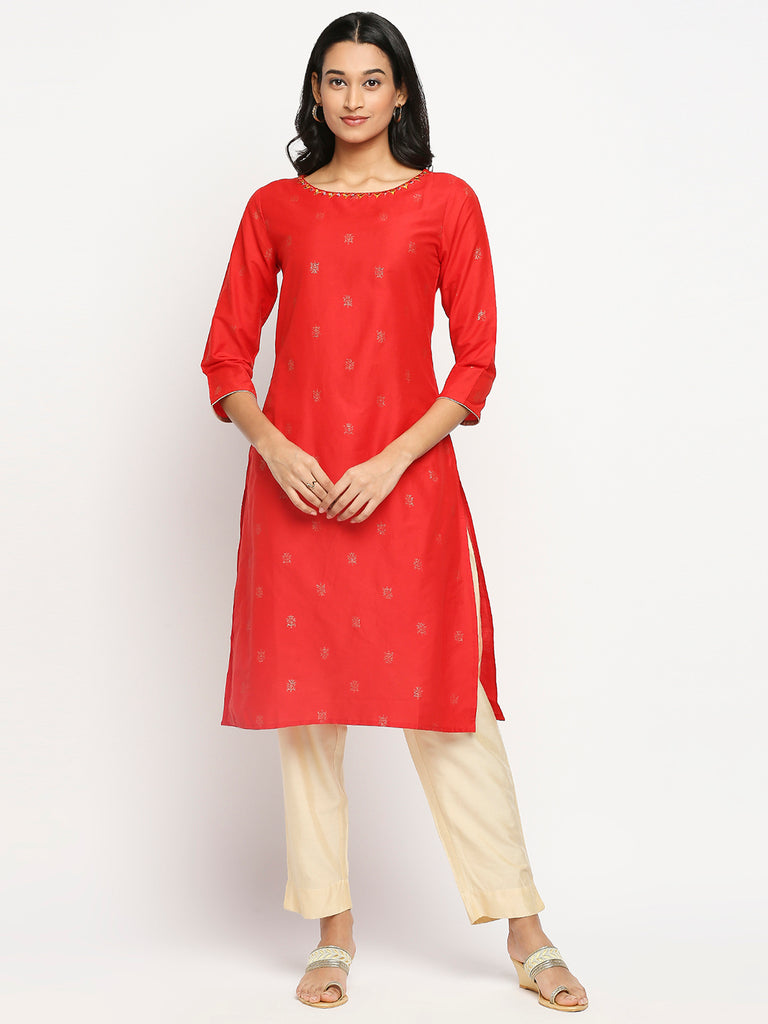 Women's Maroon Blended Printed Kurta