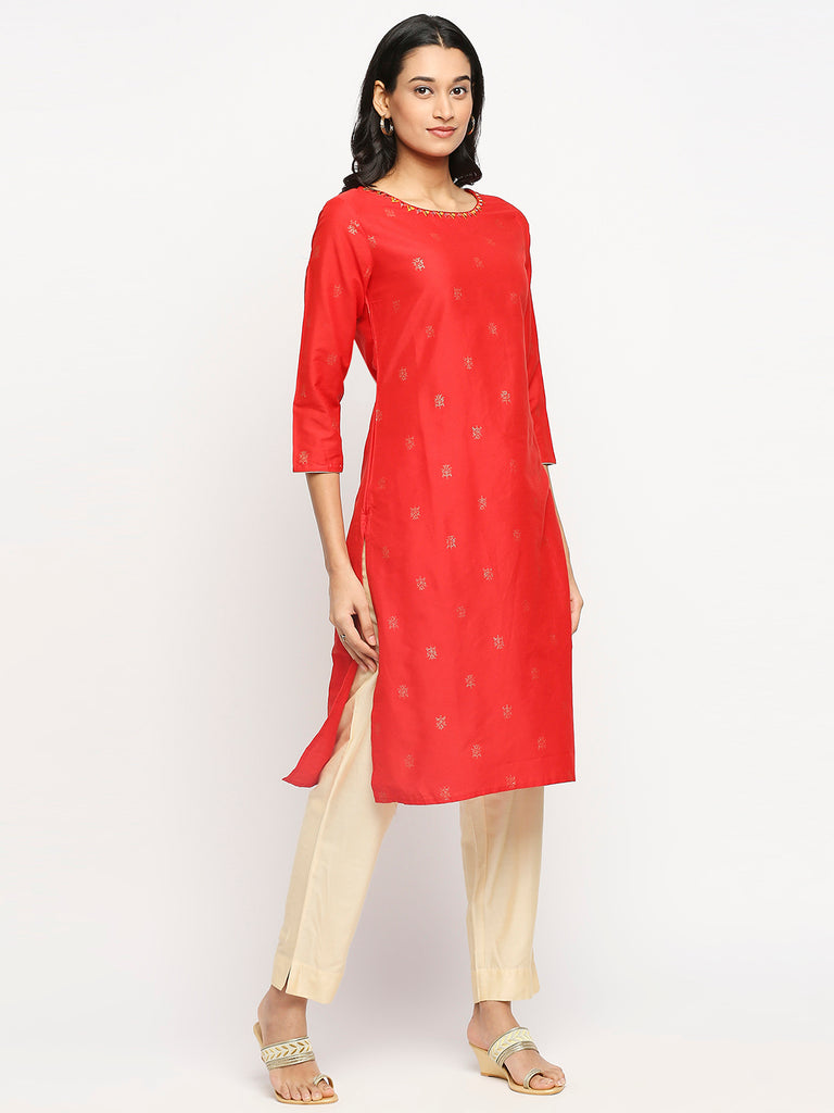 Women's Maroon Blended Printed Kurta