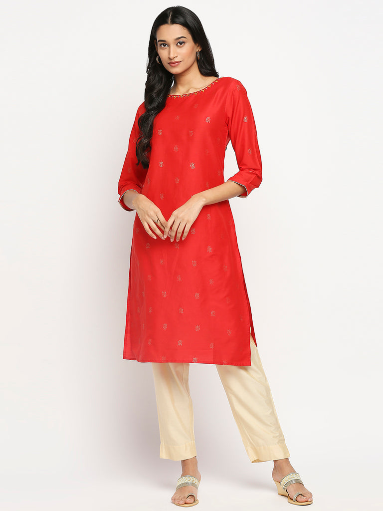 Women's Maroon Blended Printed Kurta