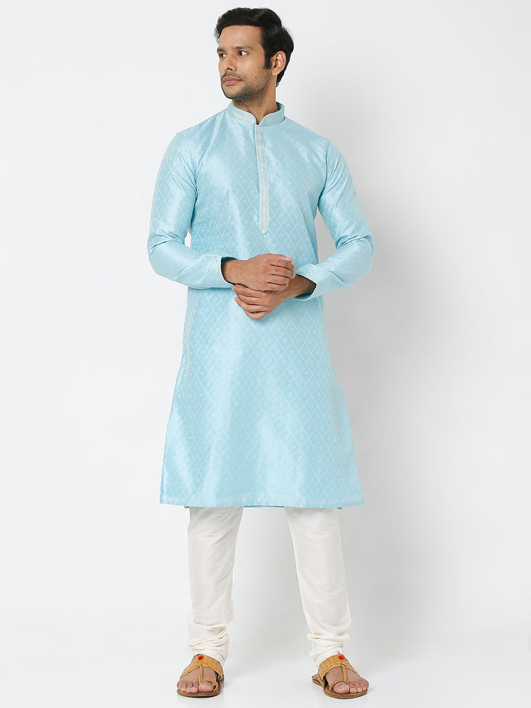 Men's Sky Blue Polyester Floral Kurta & Pyjama Sets