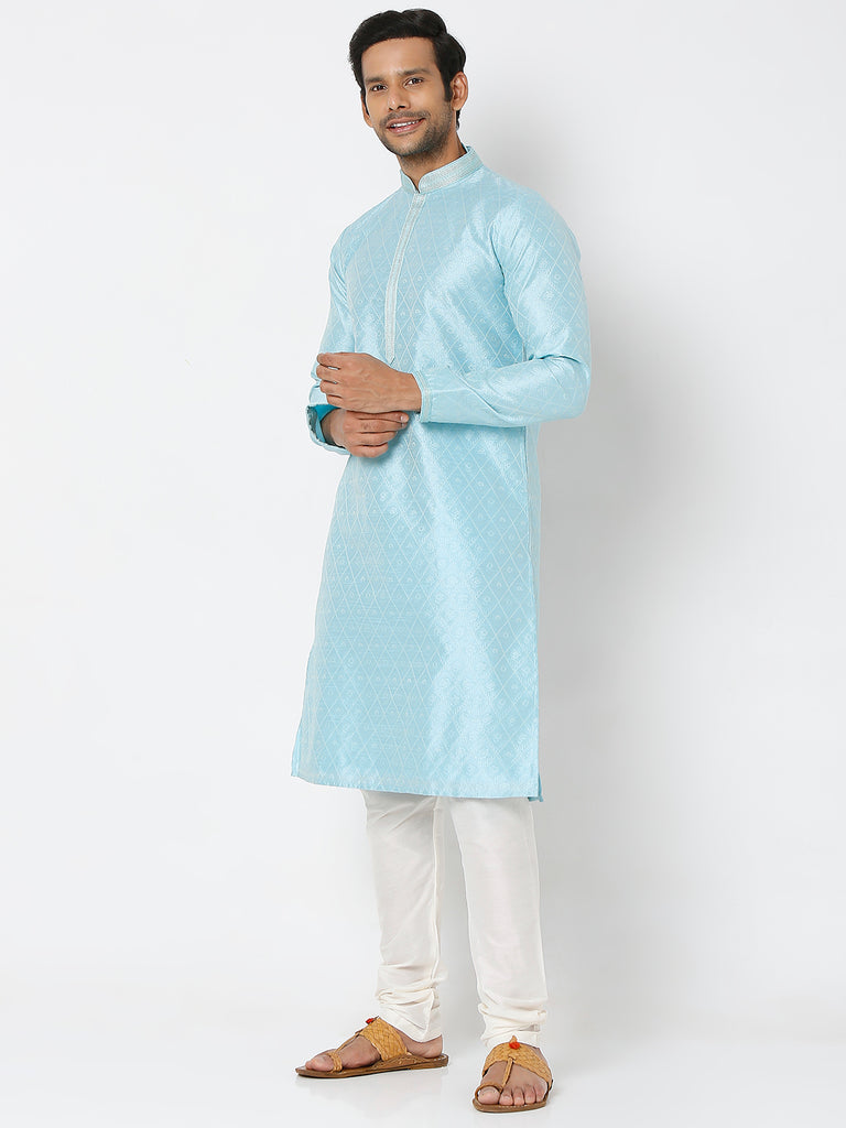 Men's Sky Blue Polyester Floral Kurta & Pyjama Sets