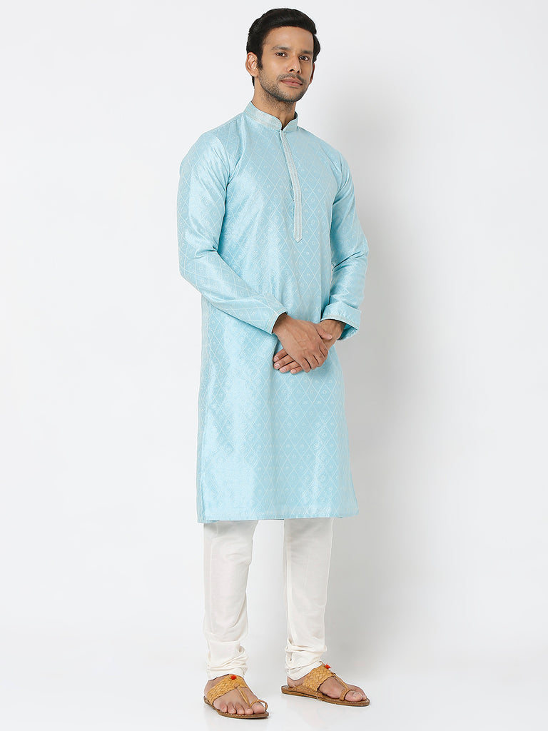 Men's Sky Blue Polyester Floral Kurta & Pyjama Sets
