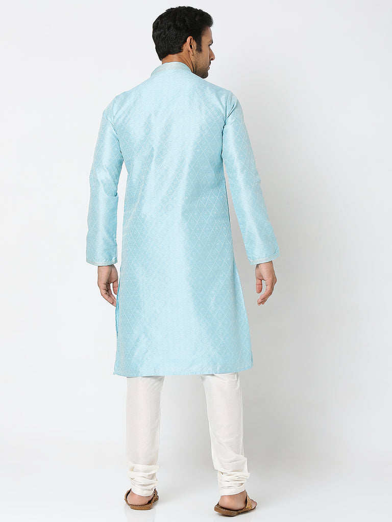 Men's Sky Blue Polyester Floral Kurta & Pyjama Sets