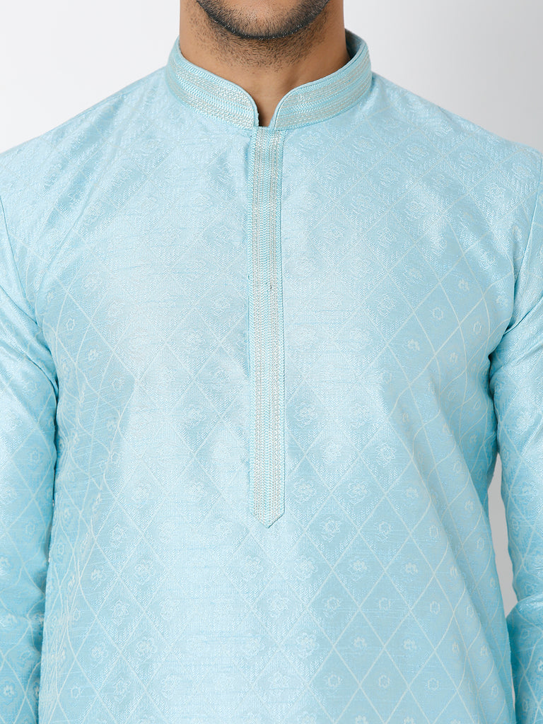 Men's Sky Blue Polyester Floral Kurta & Pyjama Sets