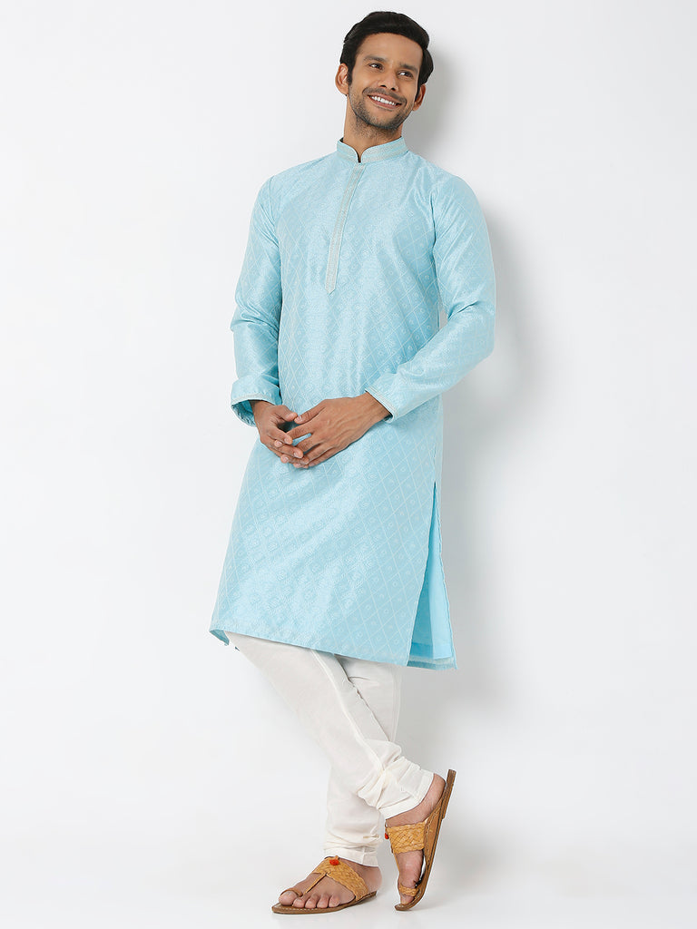 Men's Sky Blue Polyester Floral Kurta & Pyjama Sets