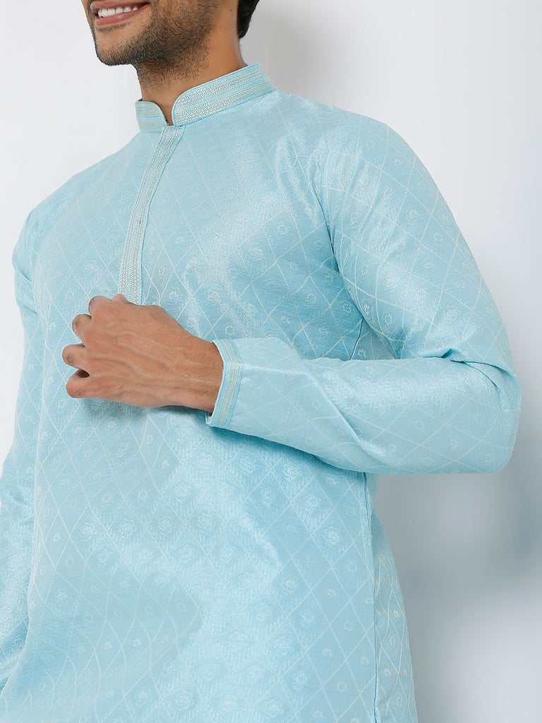 Men's Sky Blue Polyester Floral Kurta & Pyjama Sets