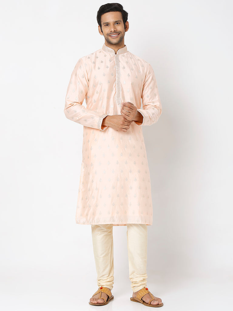 Men's Peach Polyester Floral Kurta & Pyjama Sets