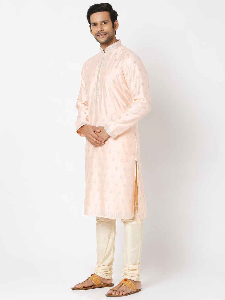 Men's Peach Polyester Floral Kurta & Pyjama Sets