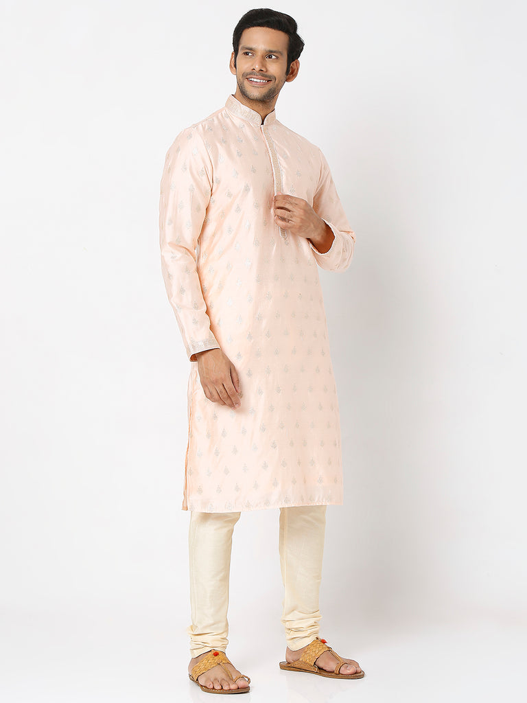 Men's Peach Polyester Floral Kurta & Pyjama Sets